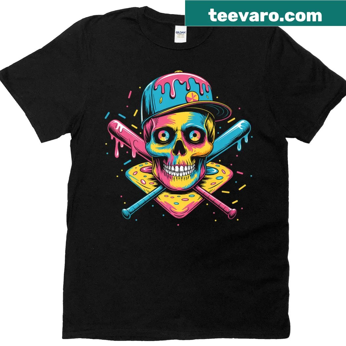 Bold t-shirt with ice cream skull and baseball home plate designs — on a men's t-shirt