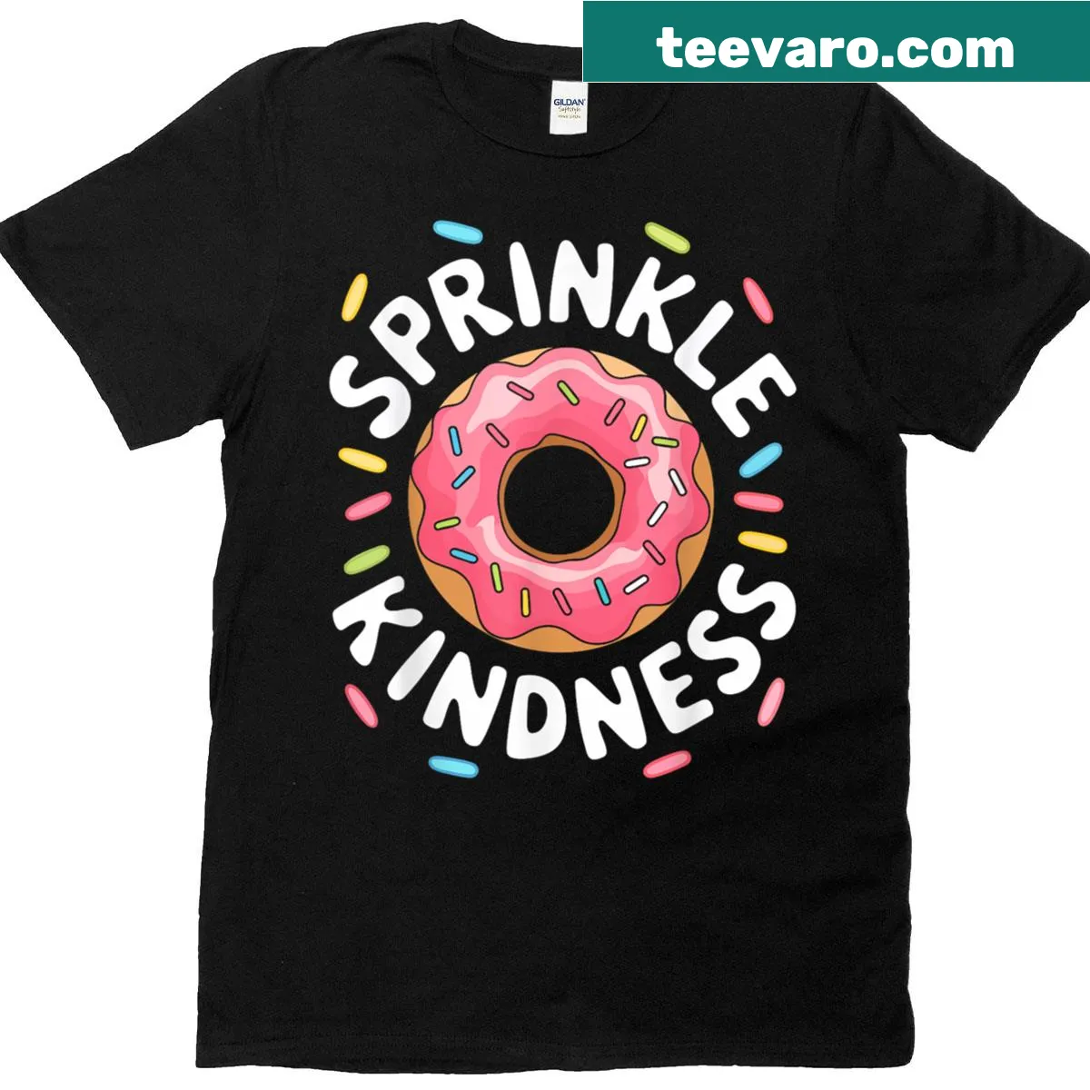 Whimsical t-shirt with doughnut graphic and 'Sprinkle Kindness' text — on a men's t-shirt