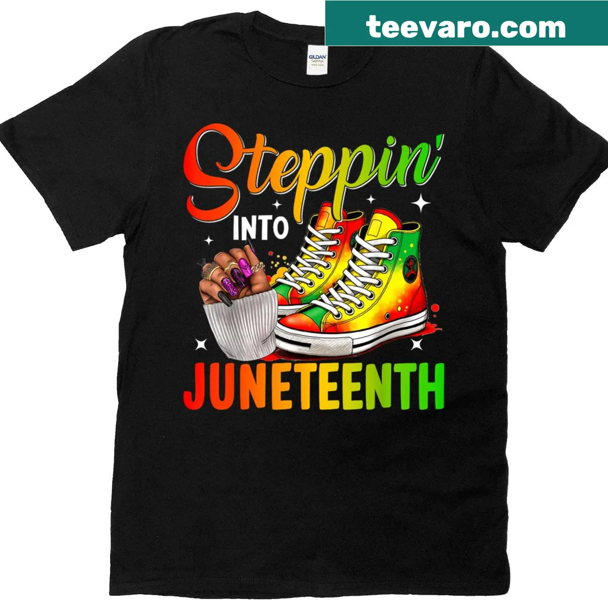 Illustrative T-shirt celebrating Juneteenth with Black girls stepping forward — on a men's t-shirt
