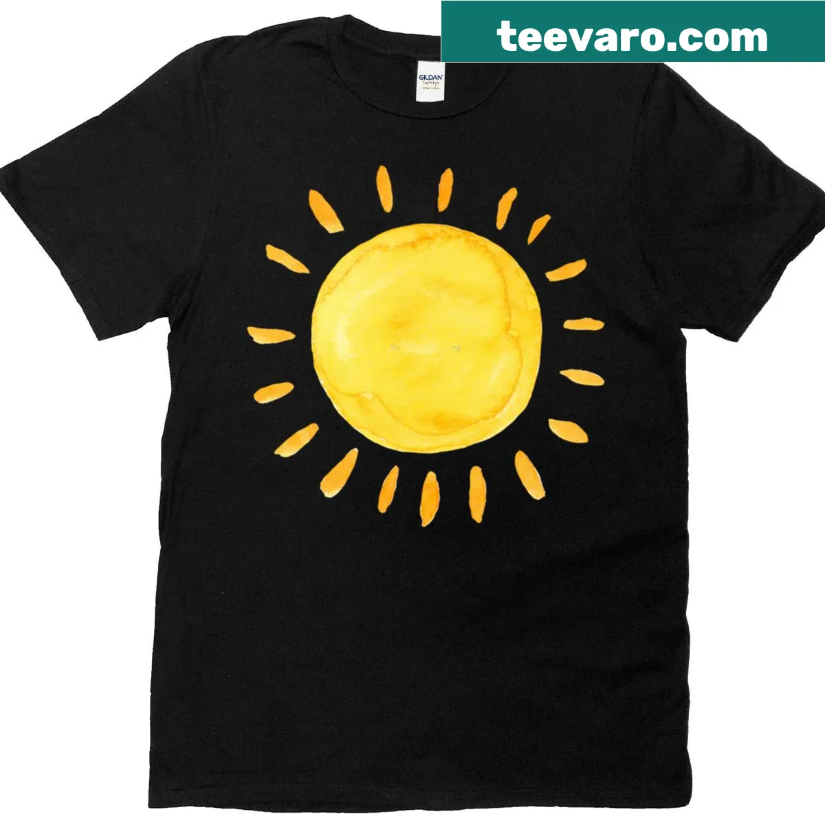 Hand-painted watercolor sun design on whimsical t-shirt — on a men's t-shirt