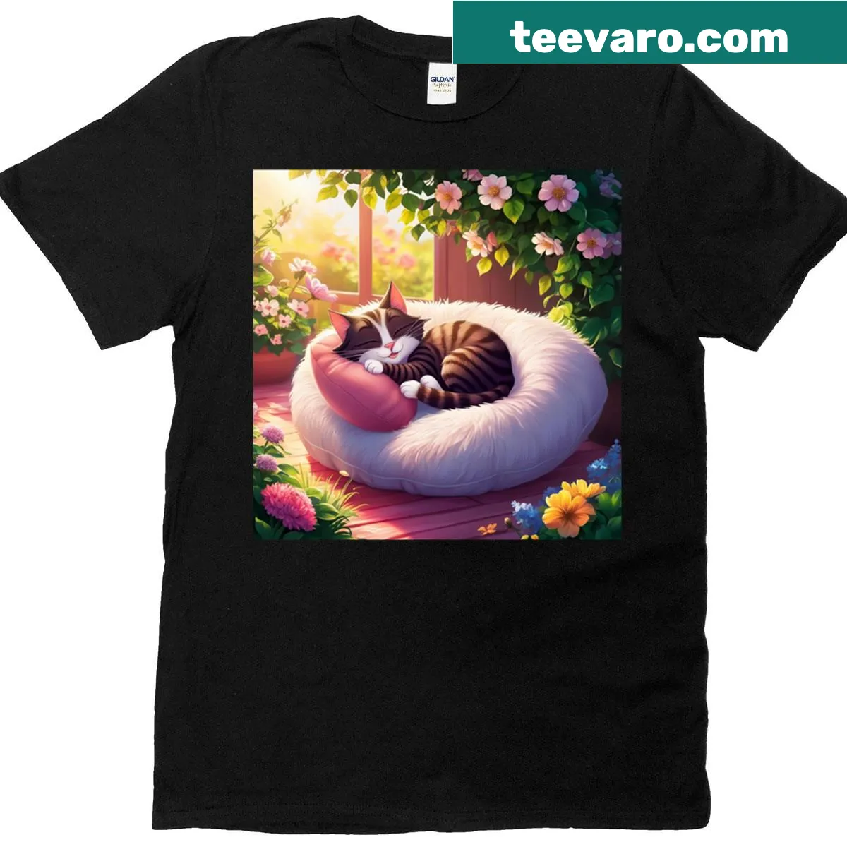 Cute cat sleeping on a pillow design for a T-shirt — on a men's t-shirt