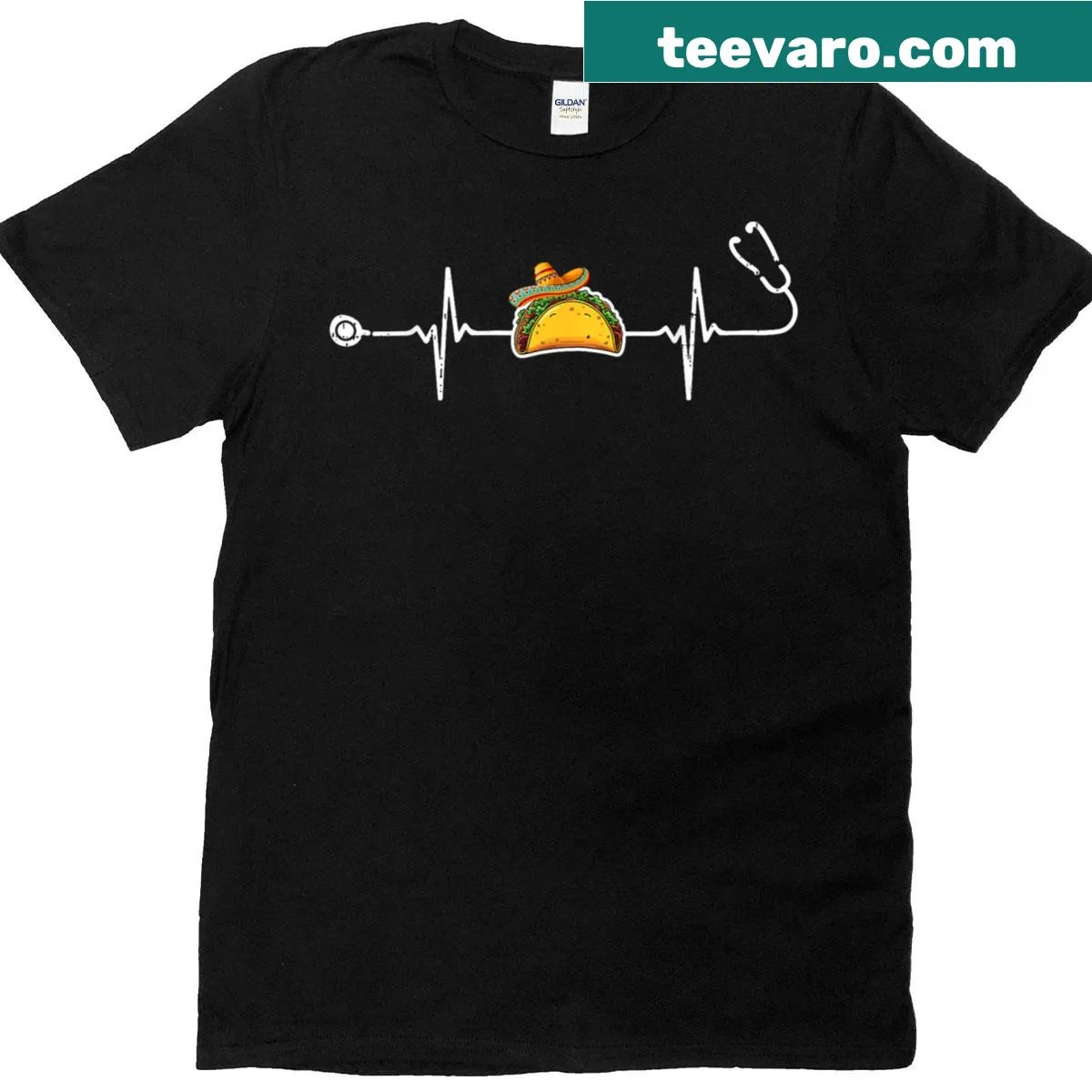 Heartbeat stethoscope graphic with taco and sombrero for nurses — on a men's t-shirt