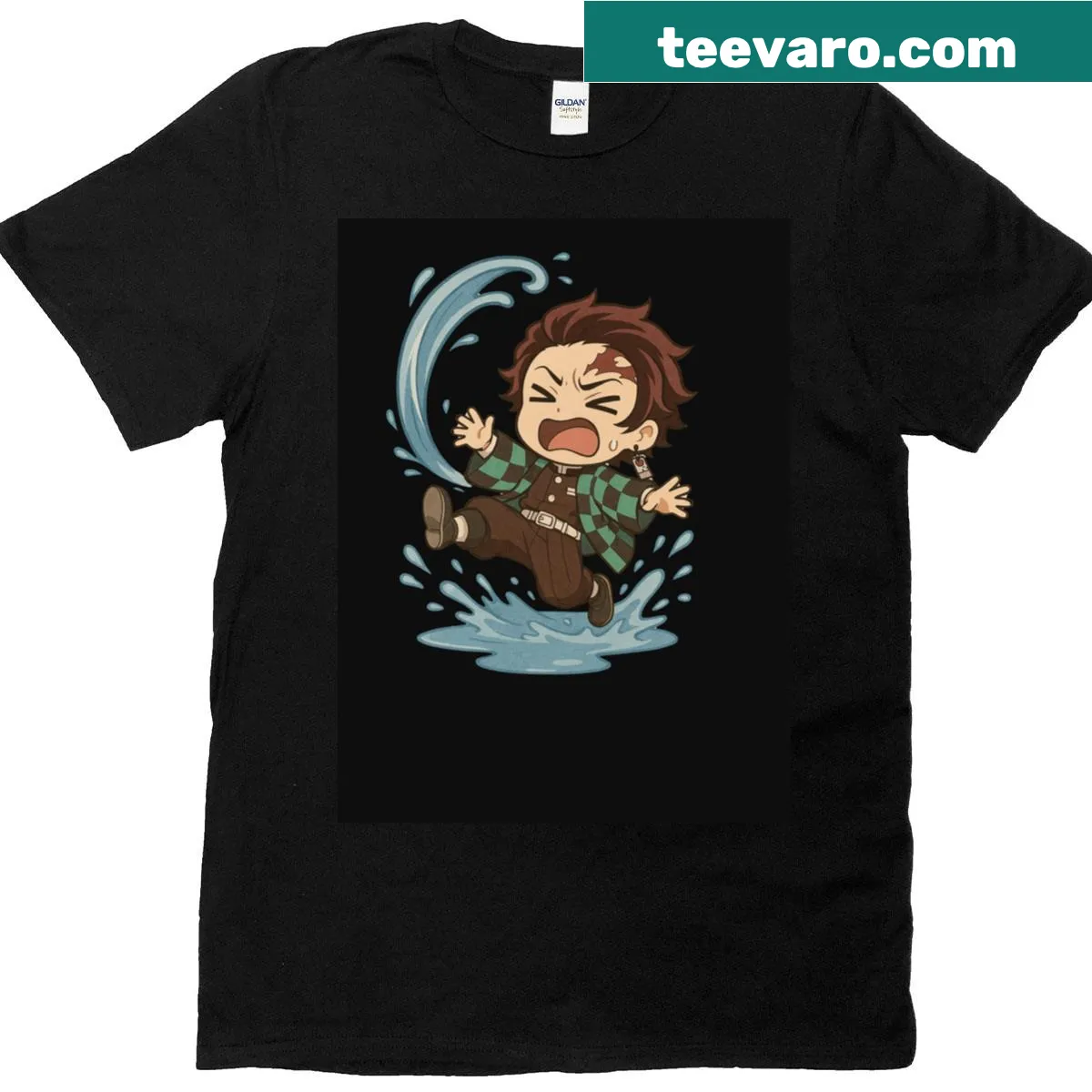 Chibi Tanjiro slipping in a funny water breathing moment — on a men's t-shirt