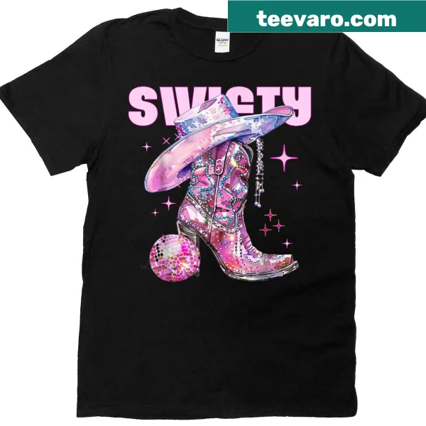 Retro disco-themed t-shirt featuring a pink cowgirl and the name Taylor