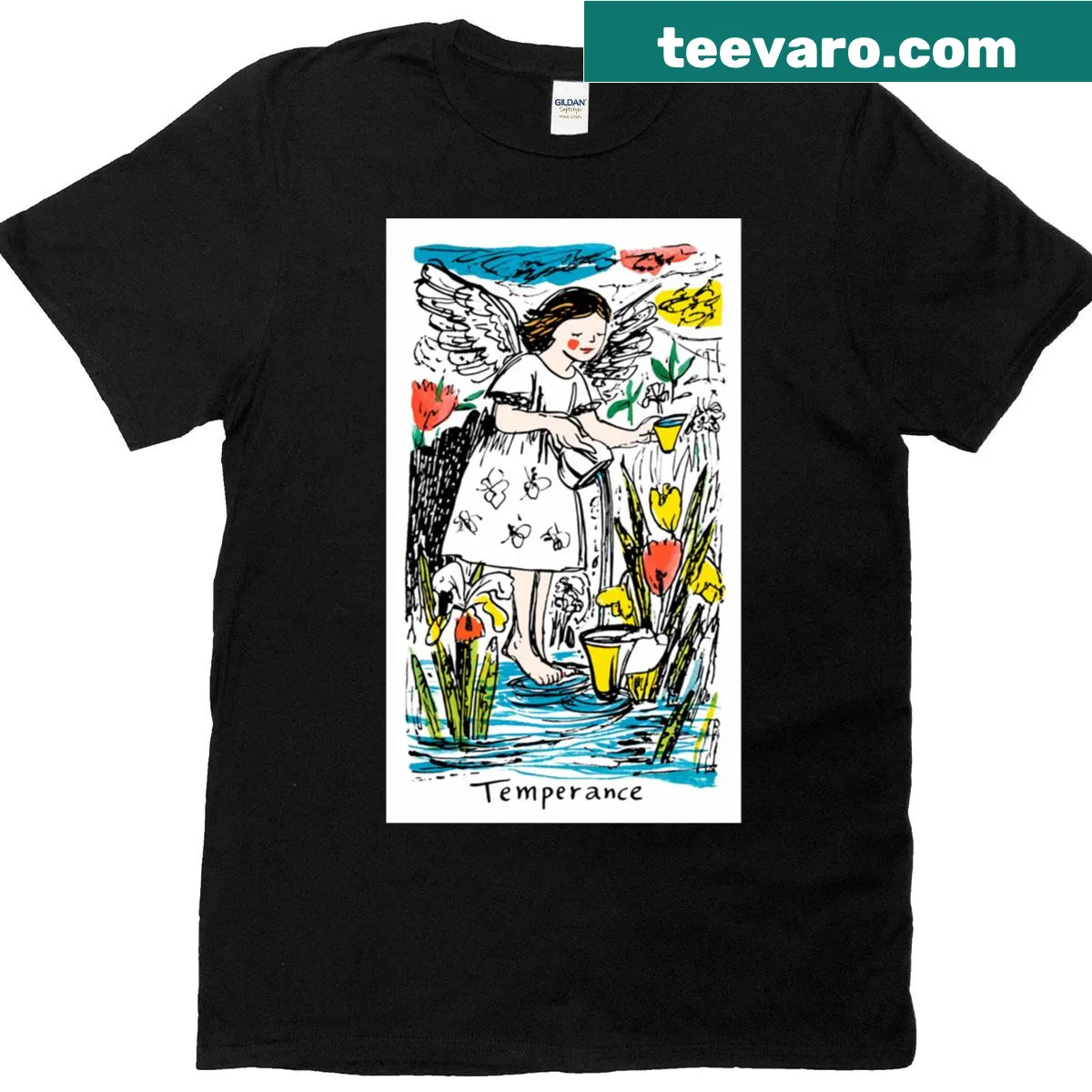 Illustrated Temperance tarot t-shirt by Deedlit featuring intricate design — on a men's t-shirt