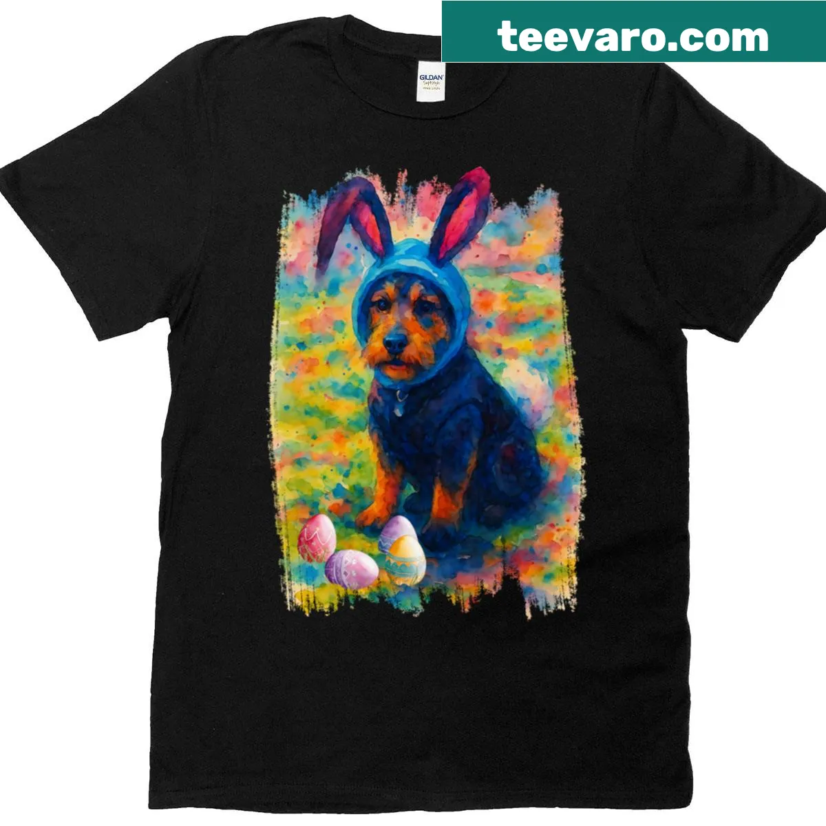 Funny Easter Bunny Woof Edition graphic on t-shirt — on a men's t-shirt