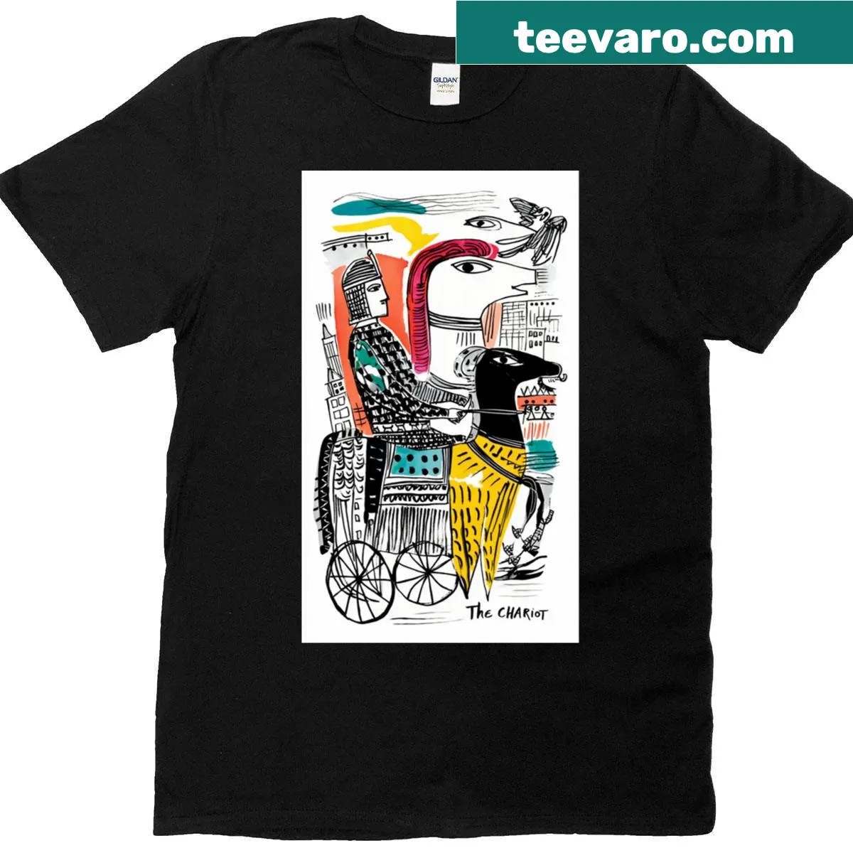 Illustrated T-shirt featuring the Chariot tarot card design by Deedlit. — on a men's t-shirt