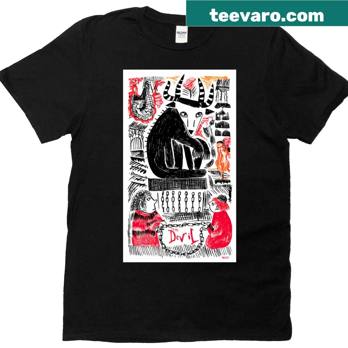 Illustrated T-shirt featuring the Devil tarot card design by Deedlit. — on a men's t-shirt