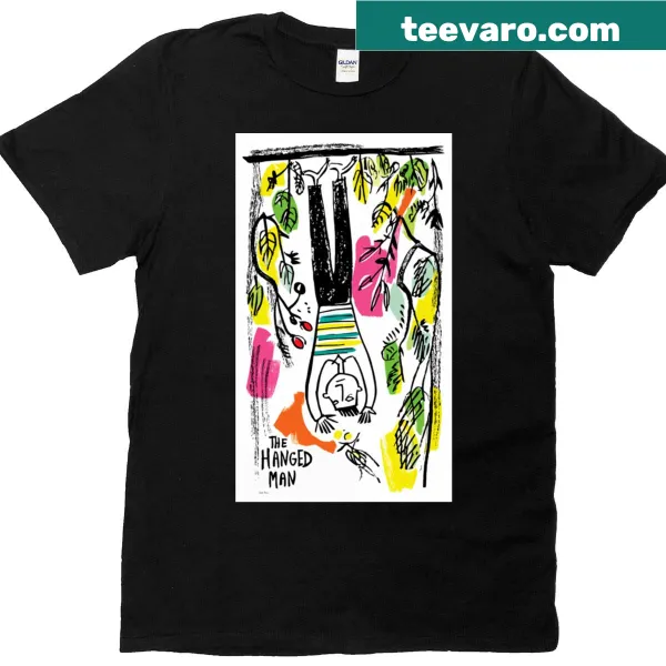 Illustrated tarot design featuring The Hanged Man on a T-shirt