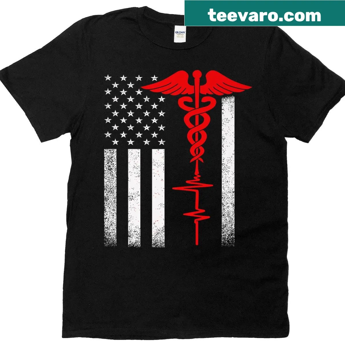 Thin red line design with USA flag for nurses on a t-shirt — on a men's t-shirt