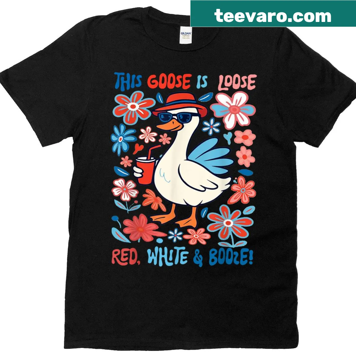 Cartoon goose with festive text for 4th of July T-shirt — on a men's t-shirt