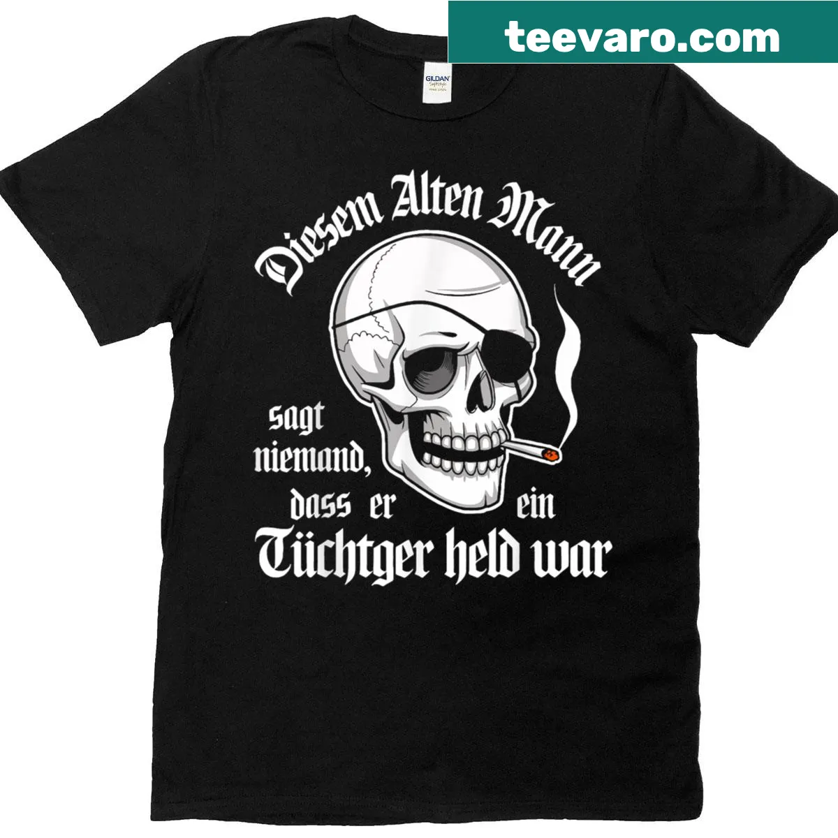 Illustration of a pirate skull with humorous text about heroism — on a men's t-shirt