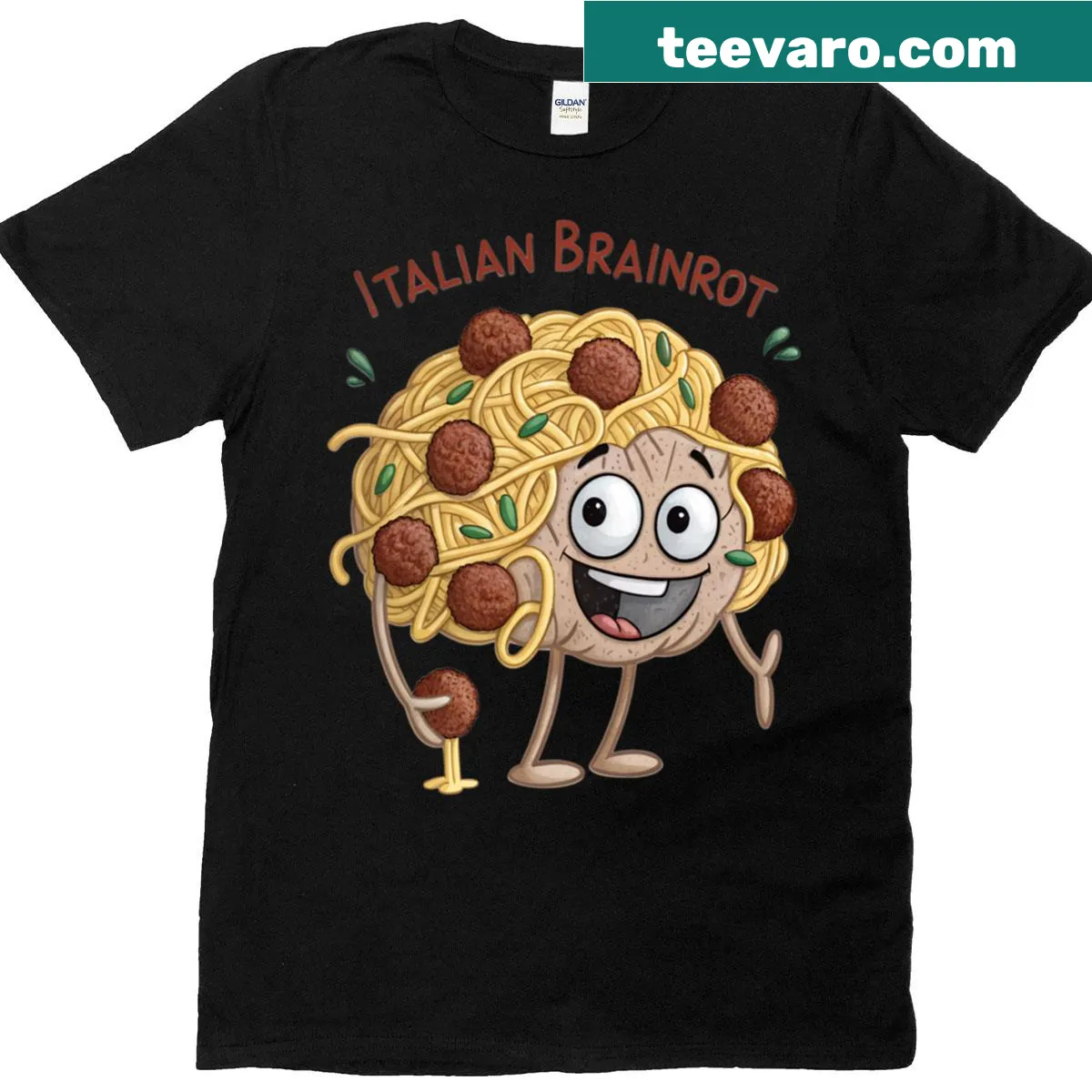 Cartoon spaghetti brain character with meatballs on T-shirt — on a men's t-shirt