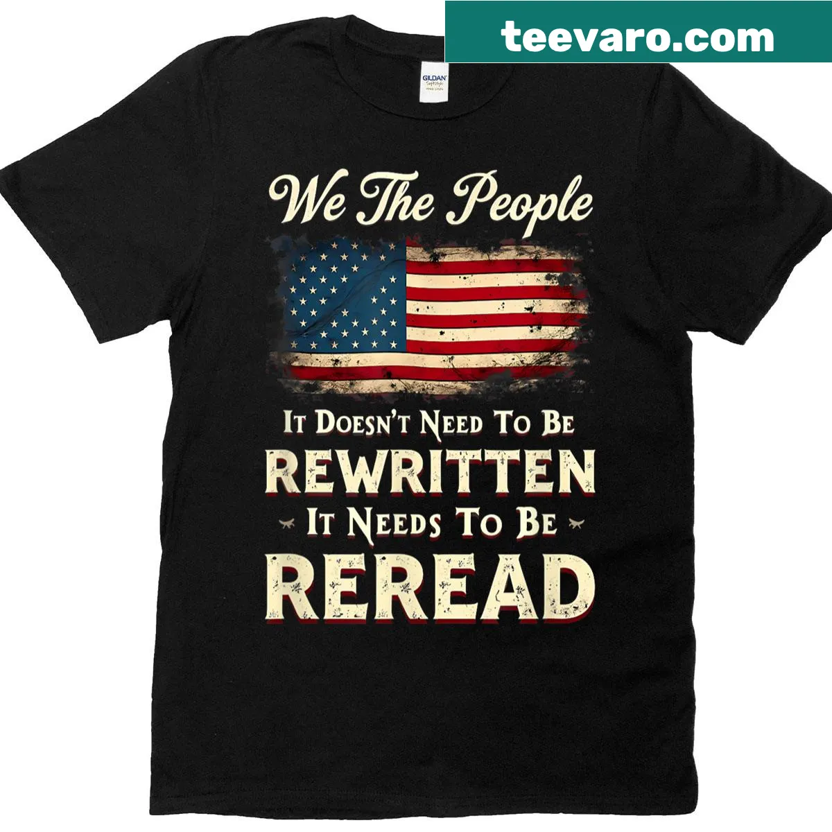 Patriotic T-shirt with US flag and constitutional message — on a men's t-shirt