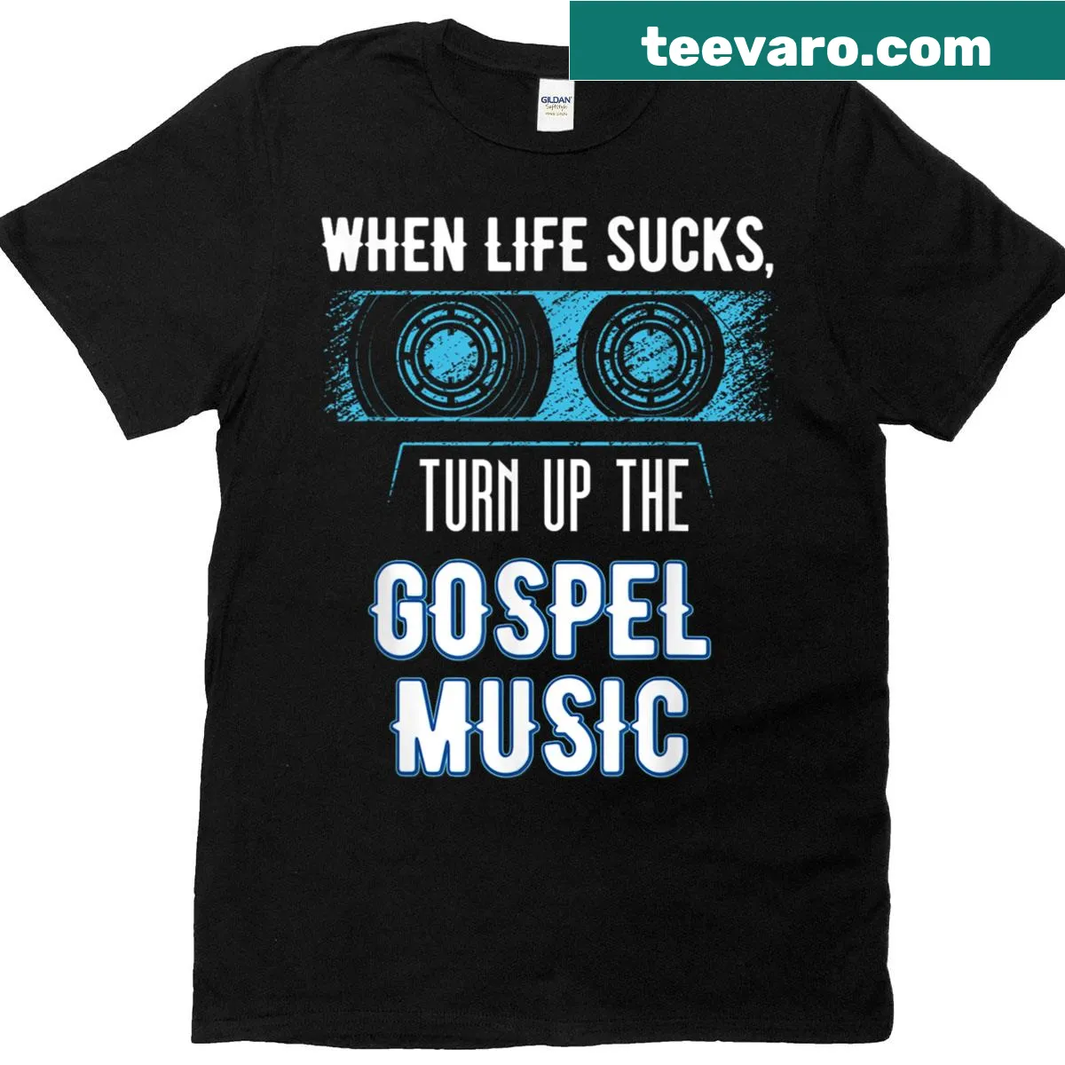 Inspirational t-shirt with the phrase about Christian music for tough times — on a men's t-shirt