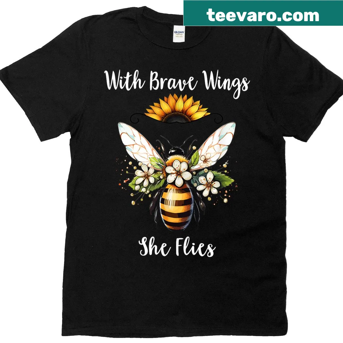 Floral T-shirt with bees, daisies, and sunflowers along with an encouraging phrase. — on a men's t-shirt