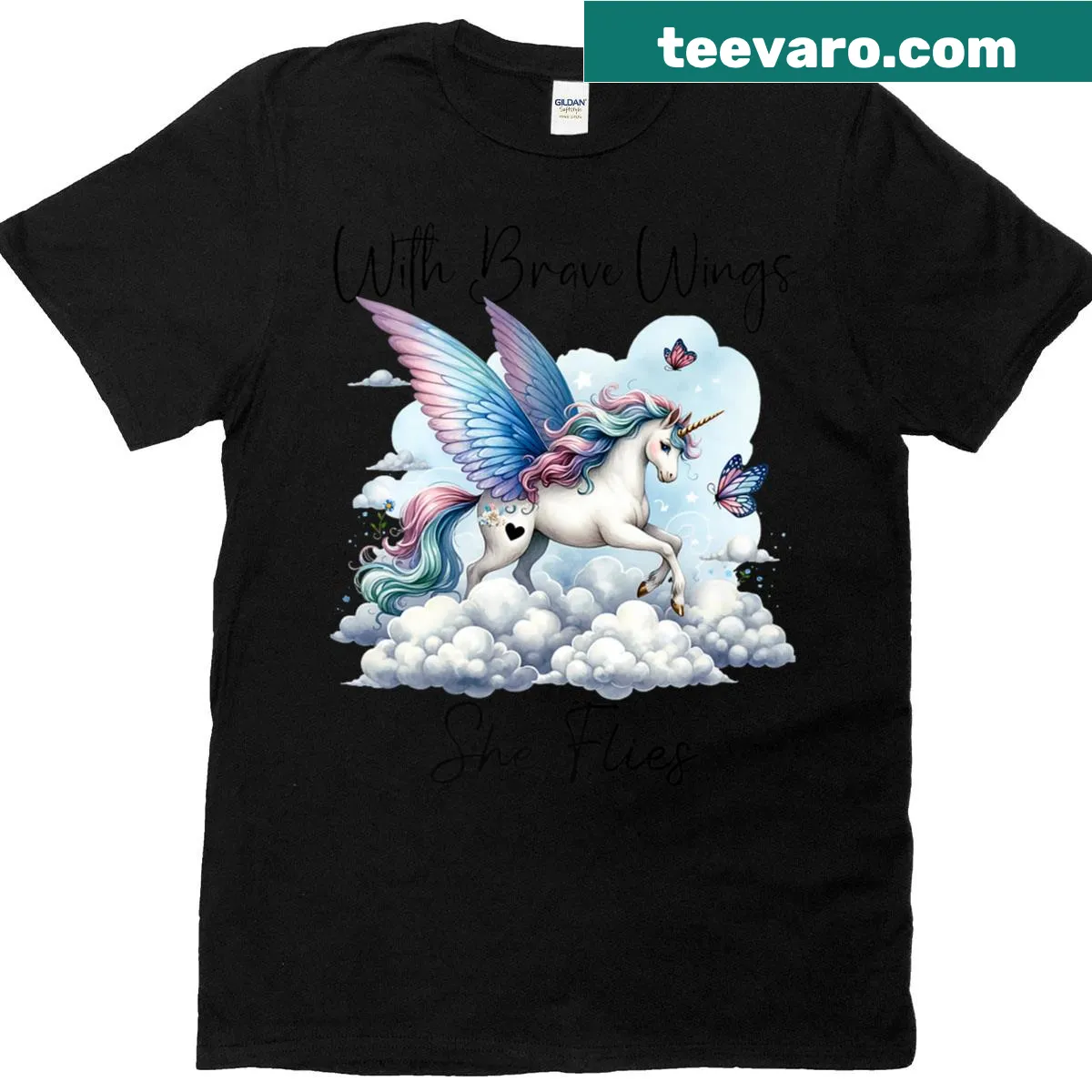 Premium T-shirt featuring a butterfly, pink unicorn, and rainbow design — on a men's t-shirt