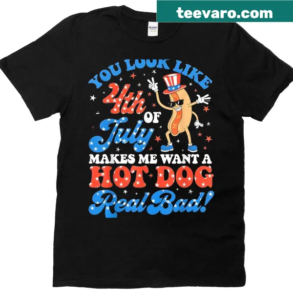 Illustrative T-shirt with humorous text about wanting hot dogs on July 4th.