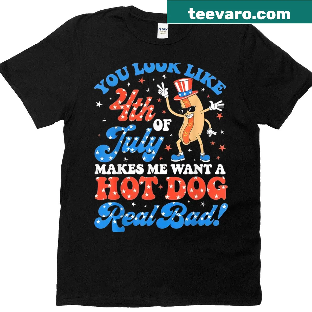 Illustrative T-shirt with humorous text about wanting hot dogs on July 4th. — on a men's t-shirt