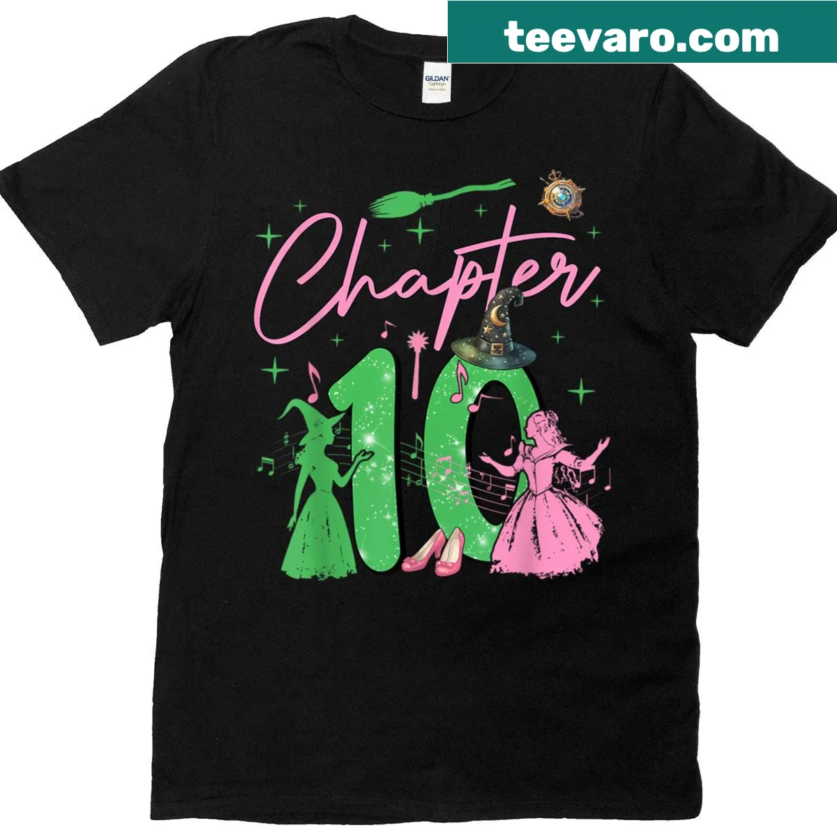 Whimsical witch t-shirt for a 10th birthday girl featuring playful pink and green design — on a men's t-shirt