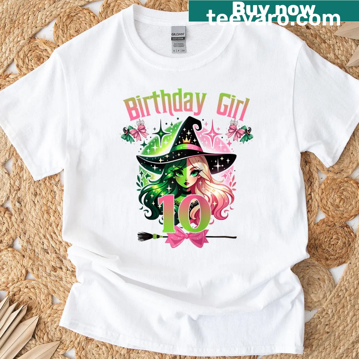 Cartoon witch graphic for 10th birthday girl T-shirt — on a men's t-shirt