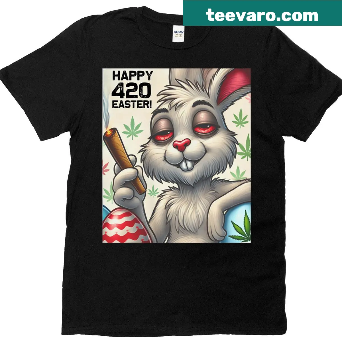 Funny cartoon bunny graphic for Easter on a T-shirt — on a men's t-shirt