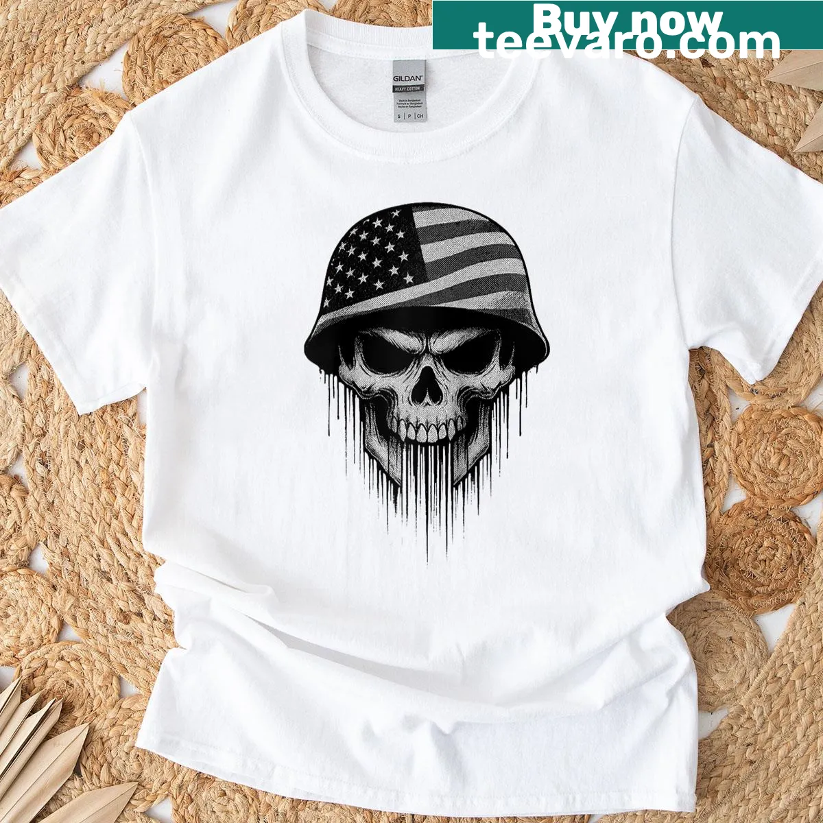 Raglan baseball tee with American flag skull skeleton design — on a men's t-shirt