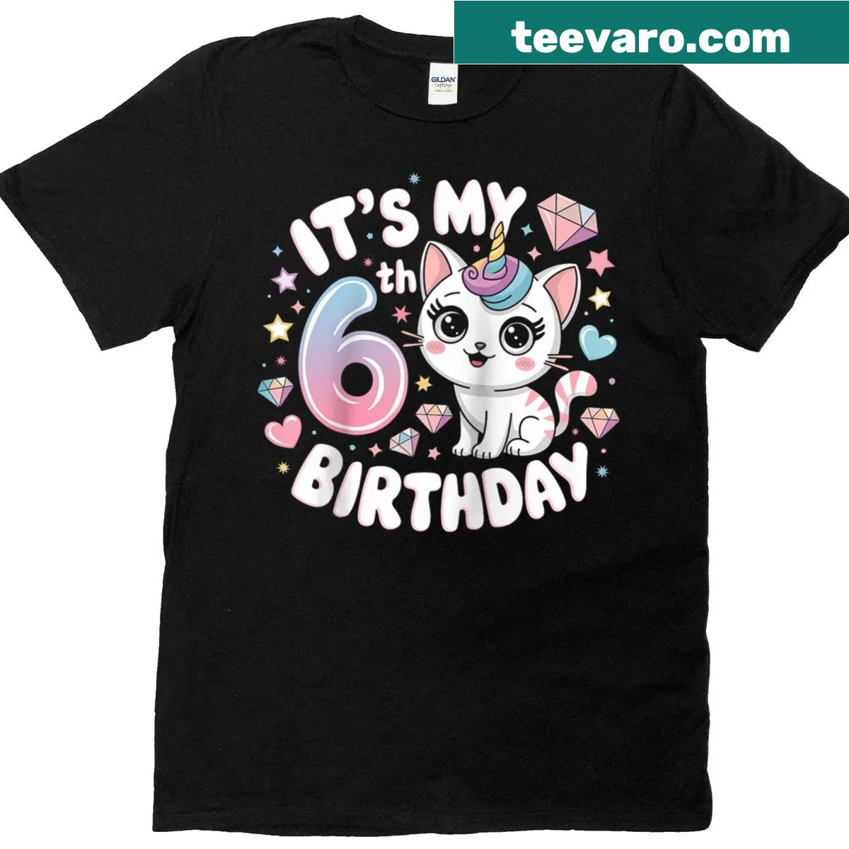 Cute cat and unicorn illustration on a birthday raglan tee — on a men's t-shirt