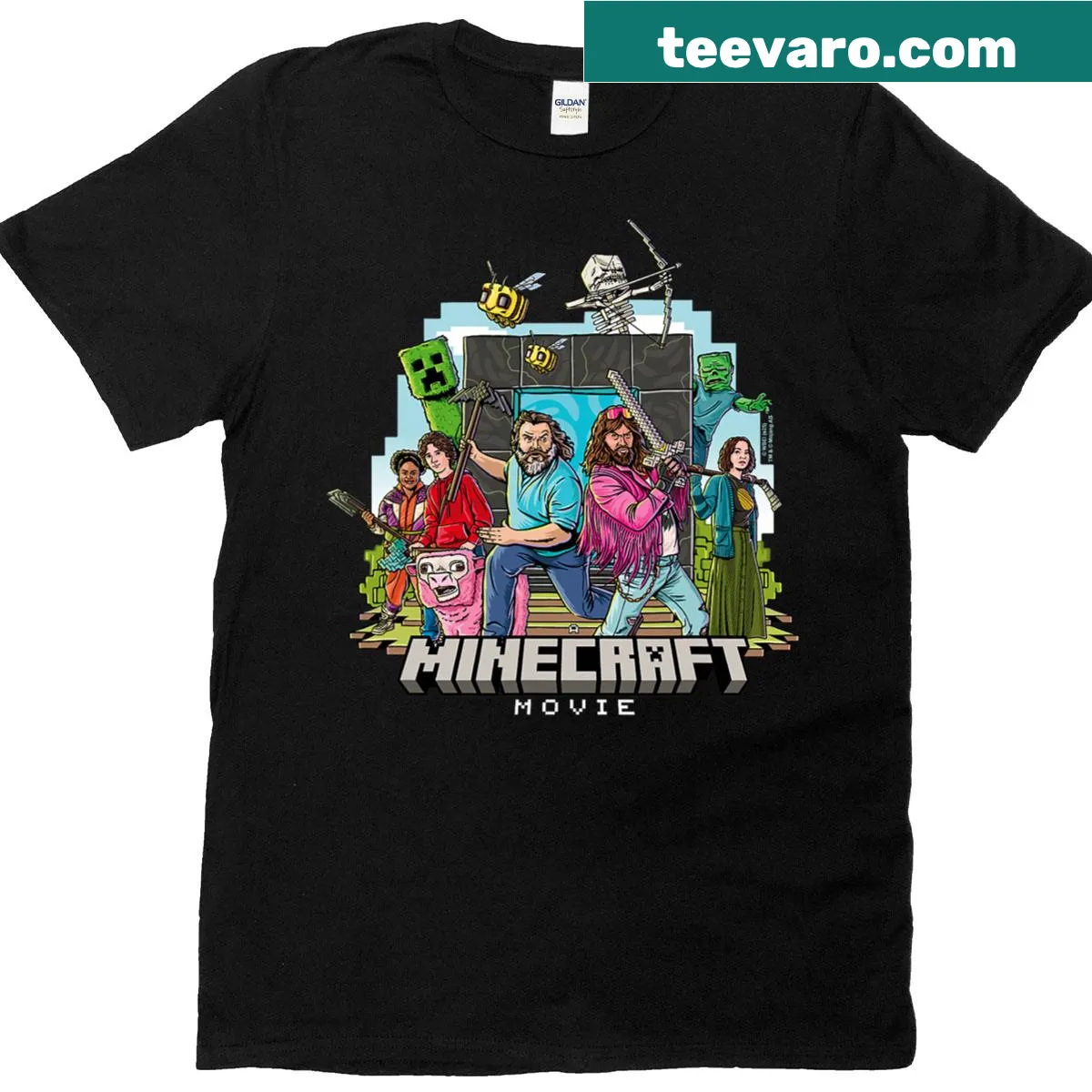Cartoon-style Minecraft characters group shot T-shirt — on a men's t-shirt