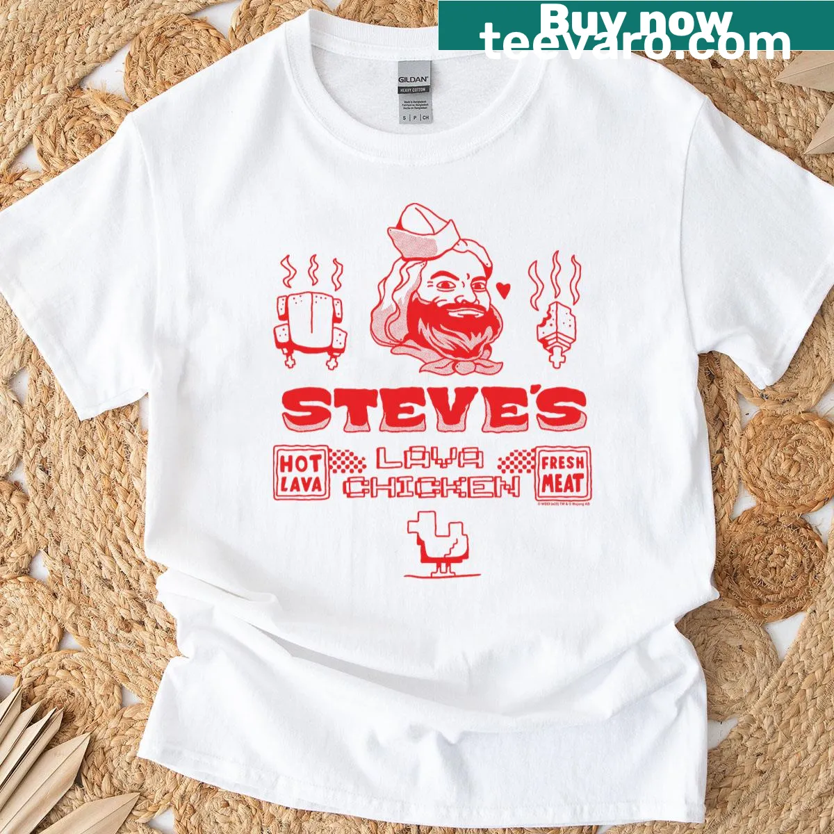 Minecraft Steves Lava Chicken restaurant logo t-shirt design — on a men's t-shirt