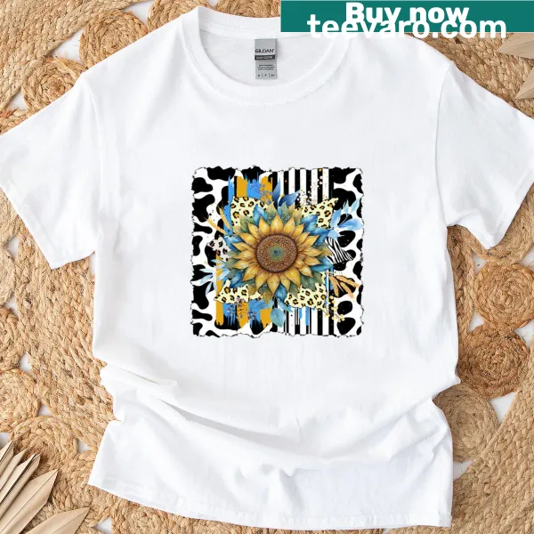 Abstract sunflower design with mixed patterns on a t-shirt