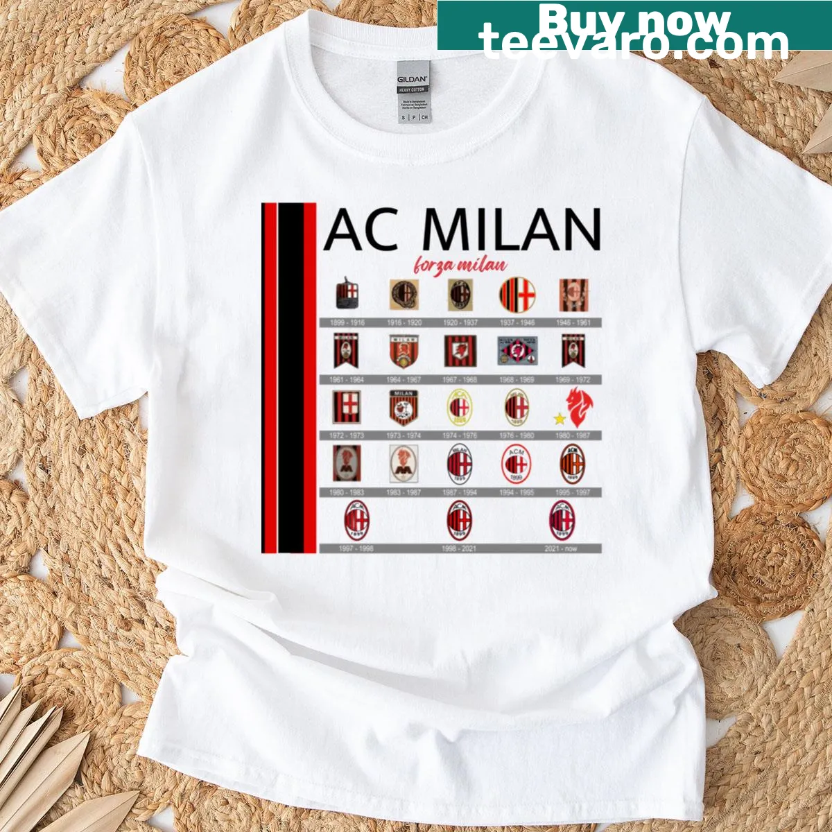 AC Milan logo history illustrated t-shirt — on a men's t-shirt