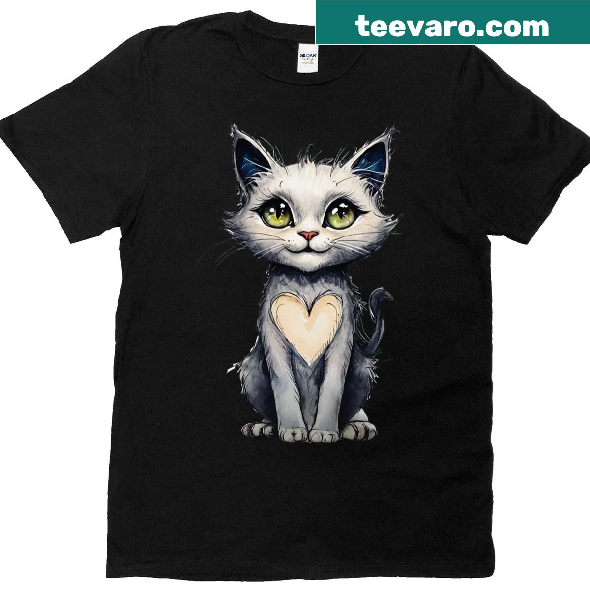 Cute illustration of a big-eyed cat with a heart marking. — on a men's t-shirt