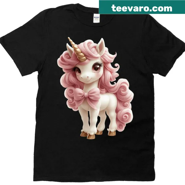 Whimsical pink unicorn with golden horn and bow illustration.