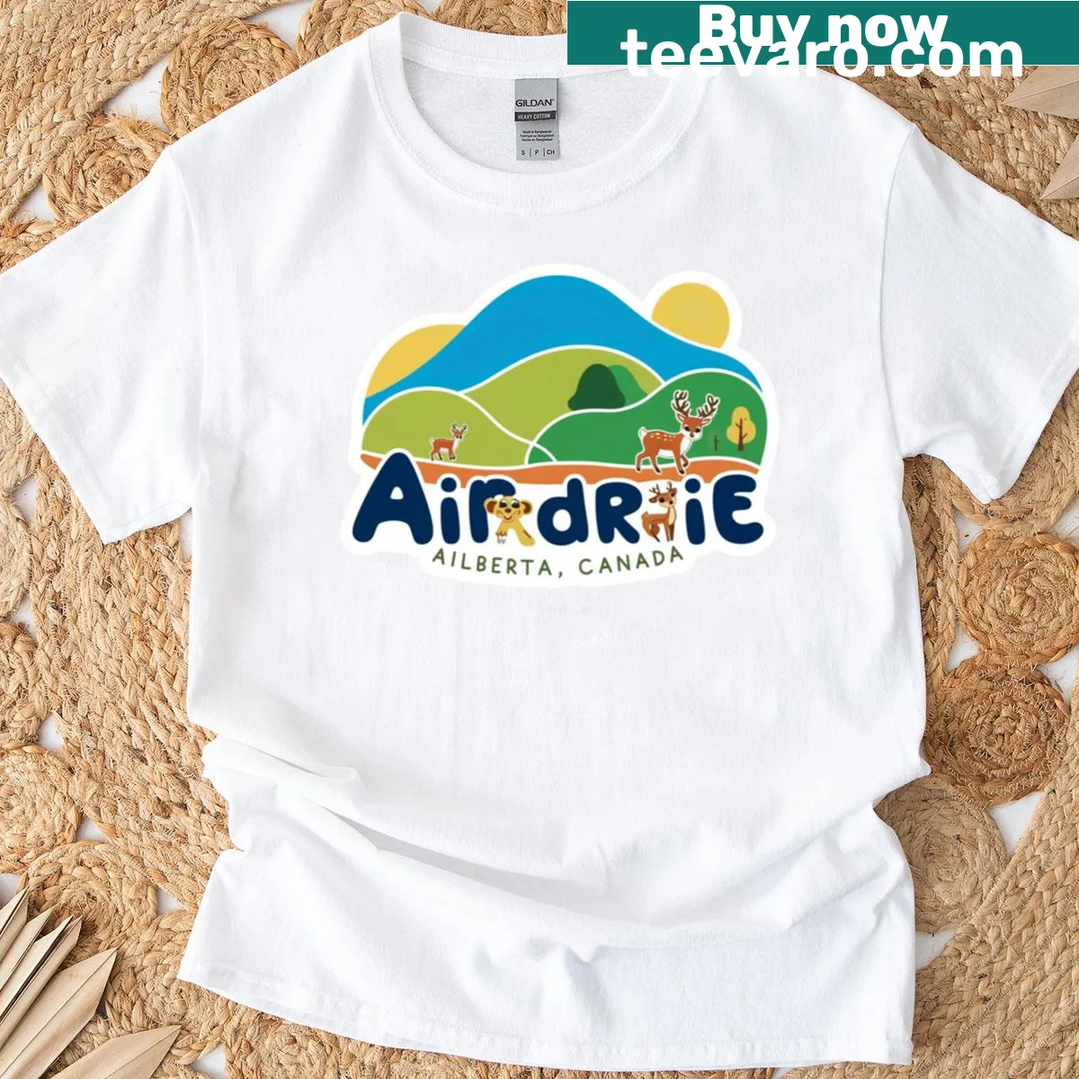 Illustrated design of Airdrie Alberta on a t-shirt — on a men's t-shirt