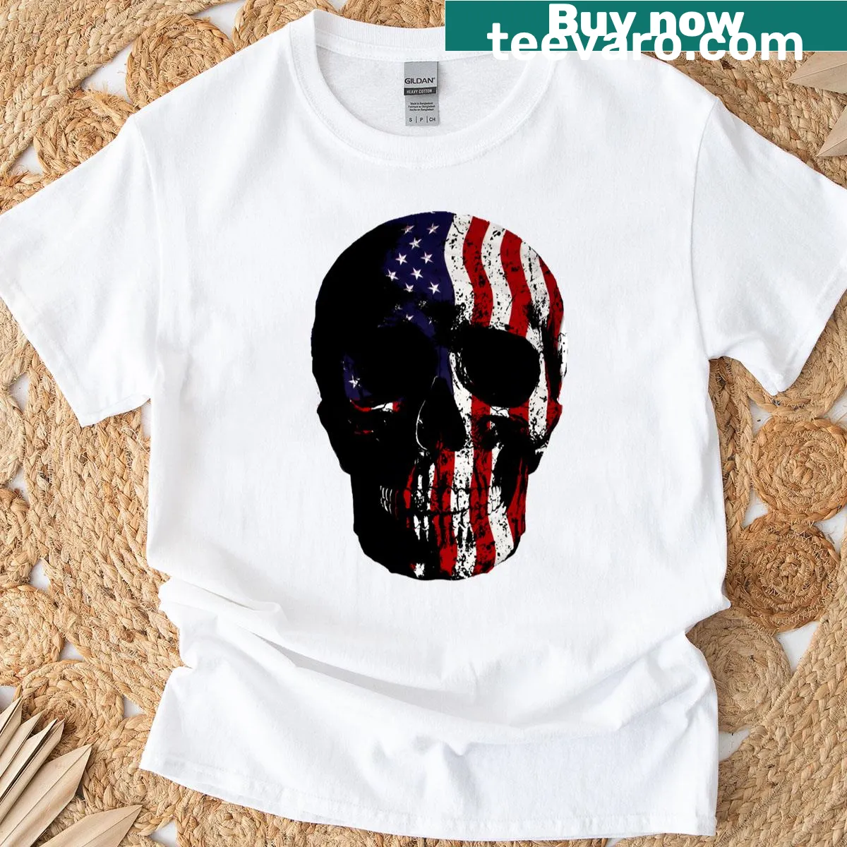 Vintage American flag skull t-shirt with stars design — on a men's t-shirt