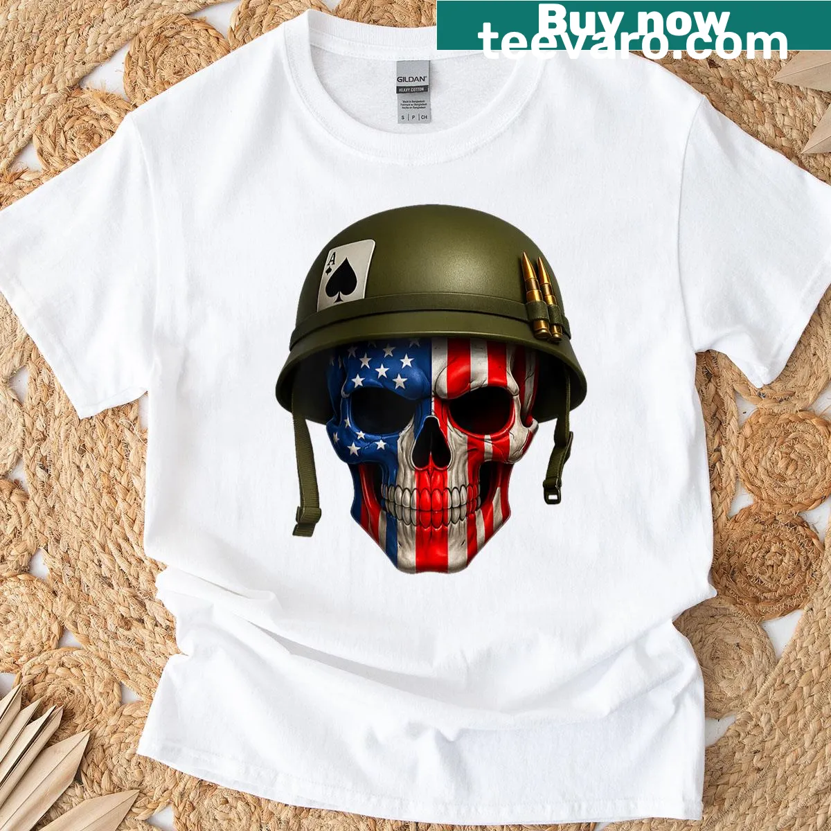 Grunge-style American flag skull raglan tee design — on a men's t-shirt