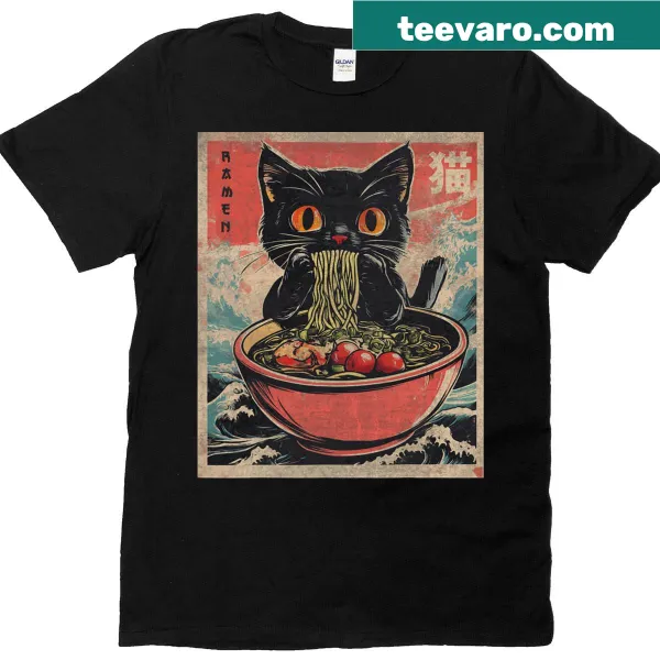 Funny graphic of a cat eating ramen noodles in an anime style.