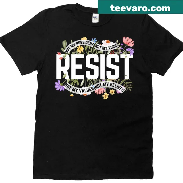 Black t-shirt with anti-Trump floral design and text