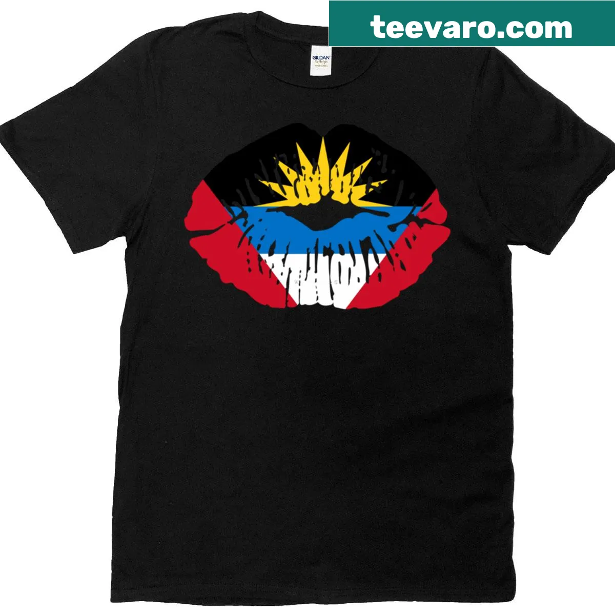 Oversized t-shirt featuring Antigua flag lips illustration — on a men's t-shirt