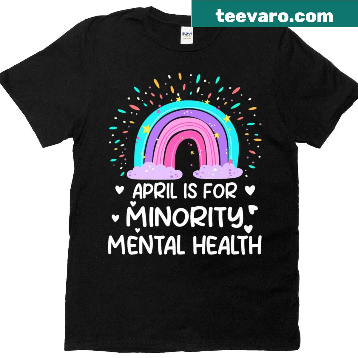 Rainbow design t-shirt for National Minority Mental Health Month — on a men's t-shirt