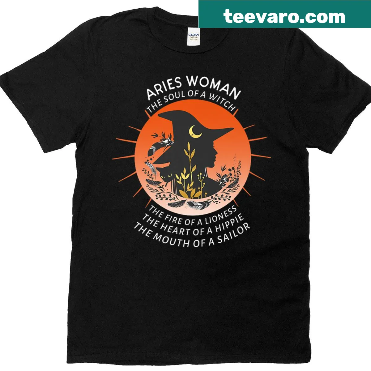 Premium Aries woman T-shirt with witch and sailor themed text — on a men's t-shirt