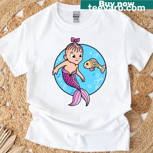 T-shirt featuring a cute baby mermaid illustration.
