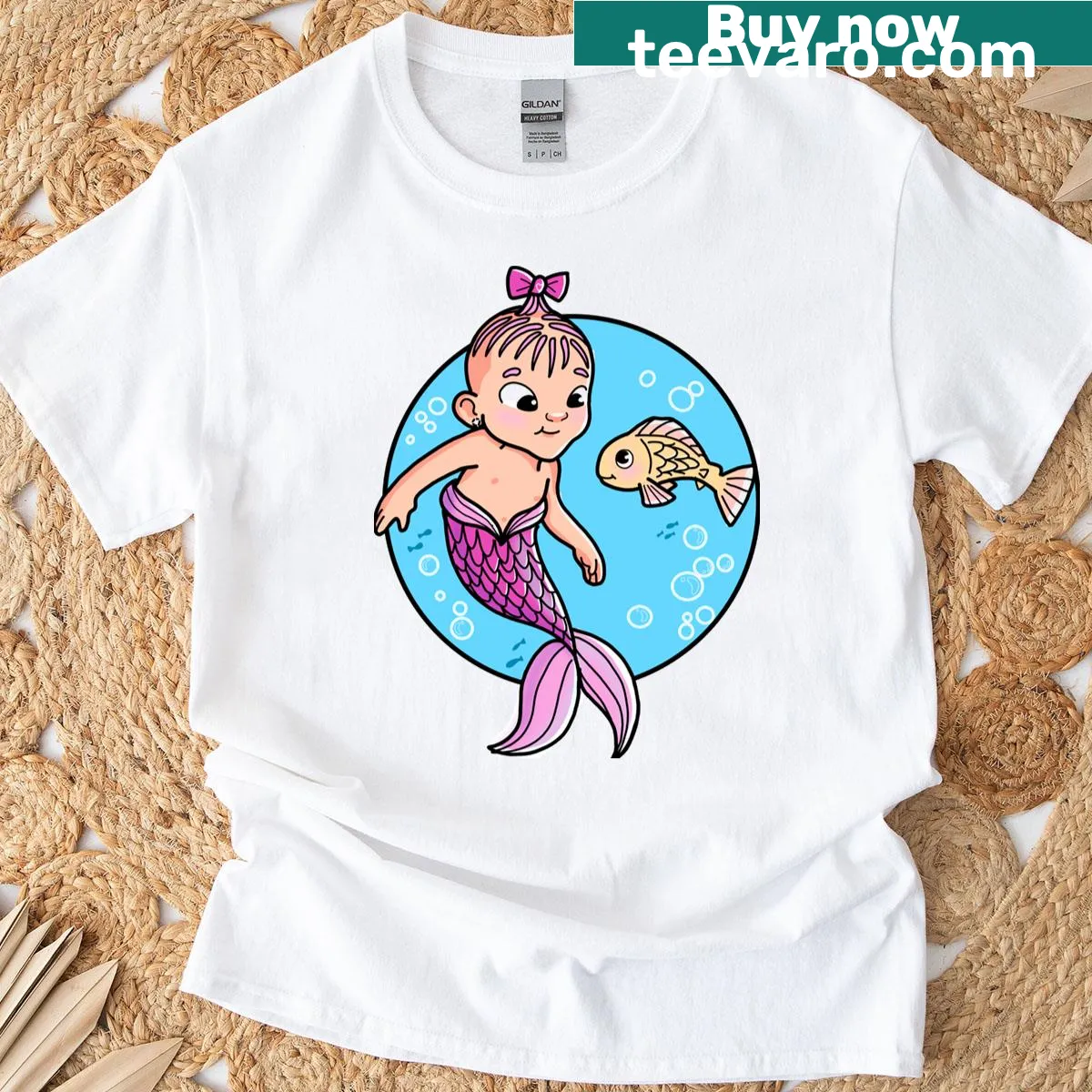 T-shirt featuring a cute baby mermaid illustration. — on a men's t-shirt