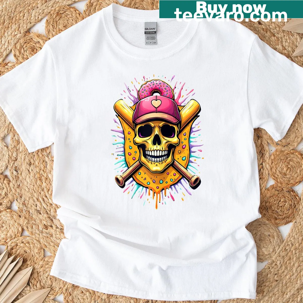 T-shirt with a skull design featuring a baseball home plate and dripping ice cream. — on a men's t-shirt