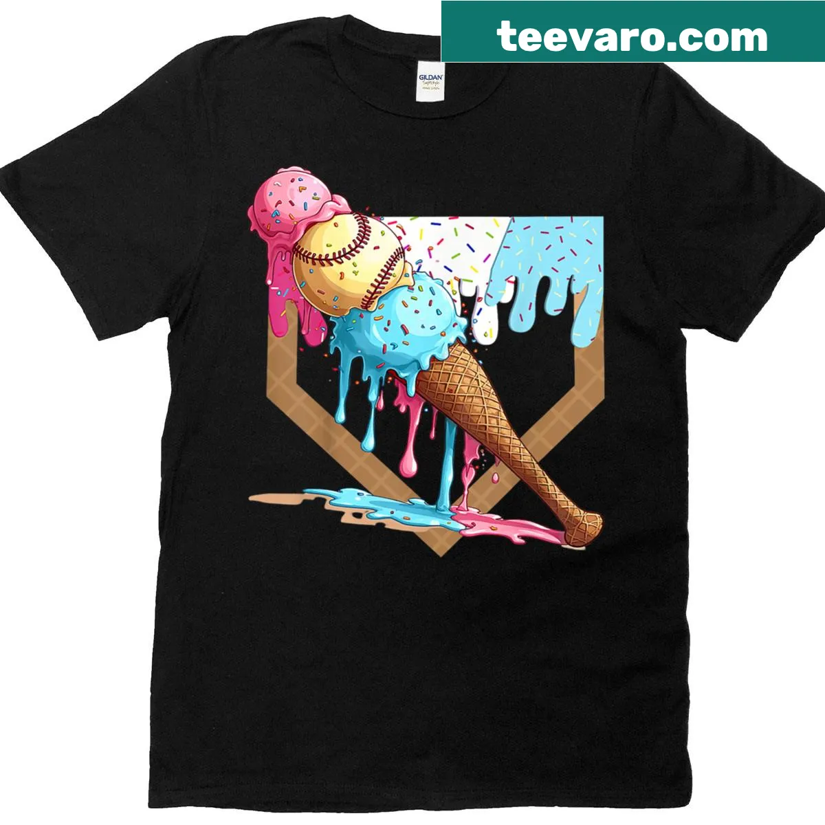 T-shirt with baseball home plate and ice cream dripping design — on a men's t-shirt