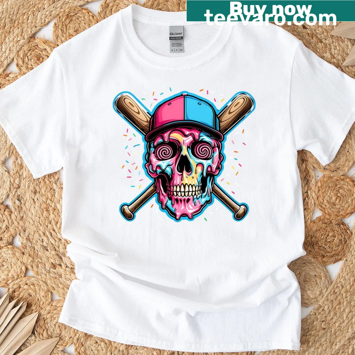 Edgy skull and baseball design with drips on a T-shirt — on a men's t-shirt