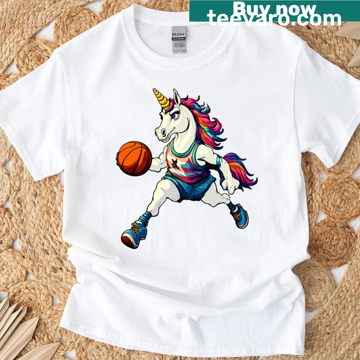 Cartoon unicorn dribbling a basketball on a fun kids' tee — on a men's t-shirt