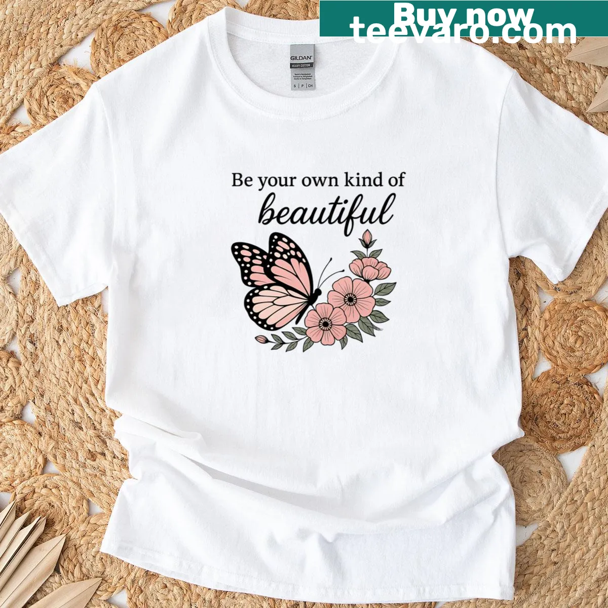 Butterfly and floral art with an inspirational phrase on a women's tee — on a men's t-shirt