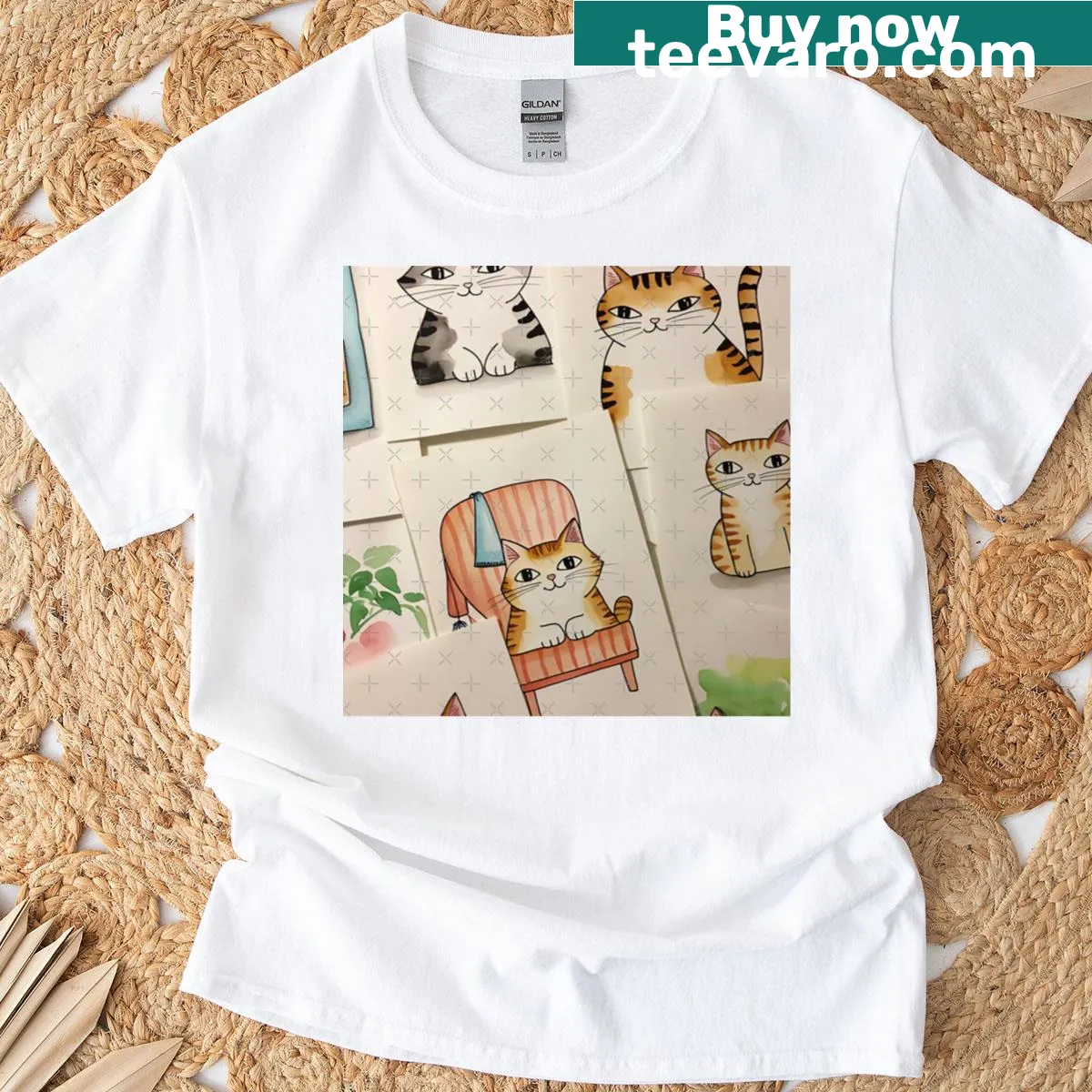 Illustration of a cat with friends on a premium scoop neck t-shirt. — on a men's t-shirt